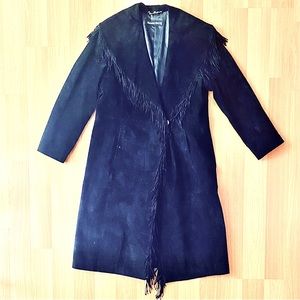 Vintage 80s black suede long shawl collar jacket with fringe
